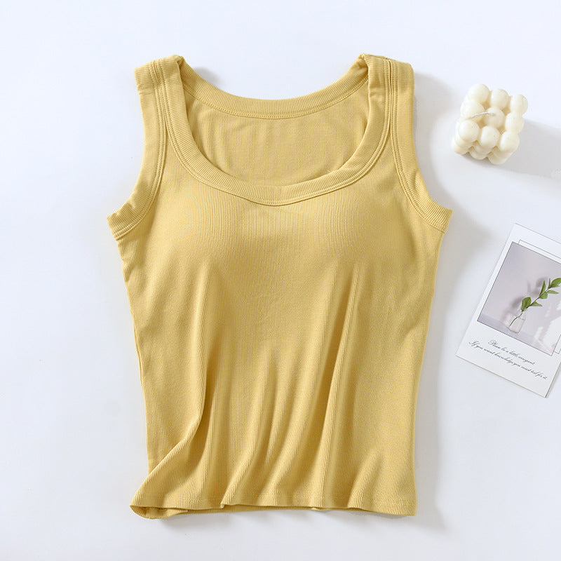 Scoop Neck Padded Bra Ribbed Vest Top - yellow