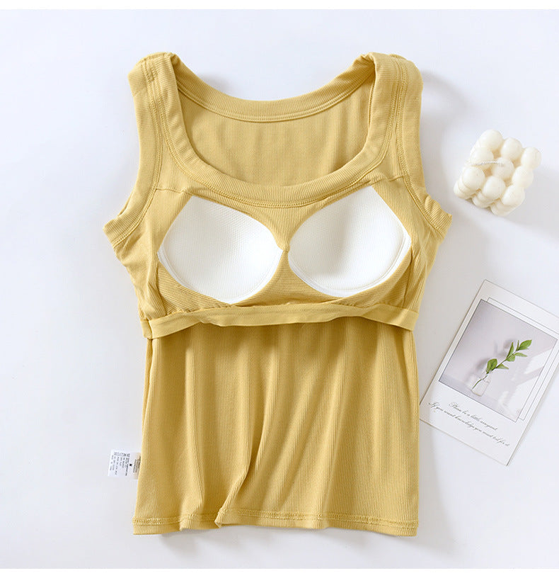 Scoop Neck Padded Bra Ribbed Vest Top - yellow - 7