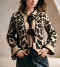 Leopard Knit Cardigan With Contrast Bow Ties - Khaki