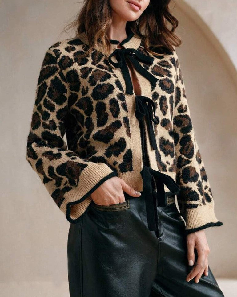 Leopard Knit Cardigan With Contrast Bow Ties - Khaki - 1