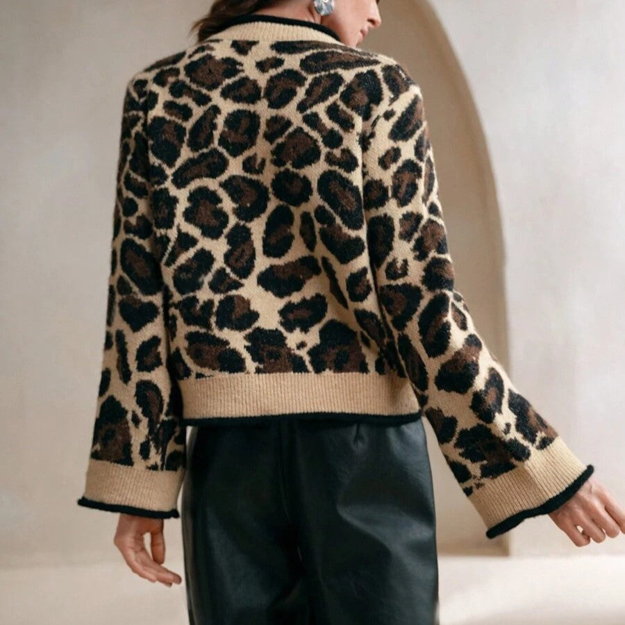 Leopard Knit Cardigan With Contrast Bow Ties - Khaki - 2