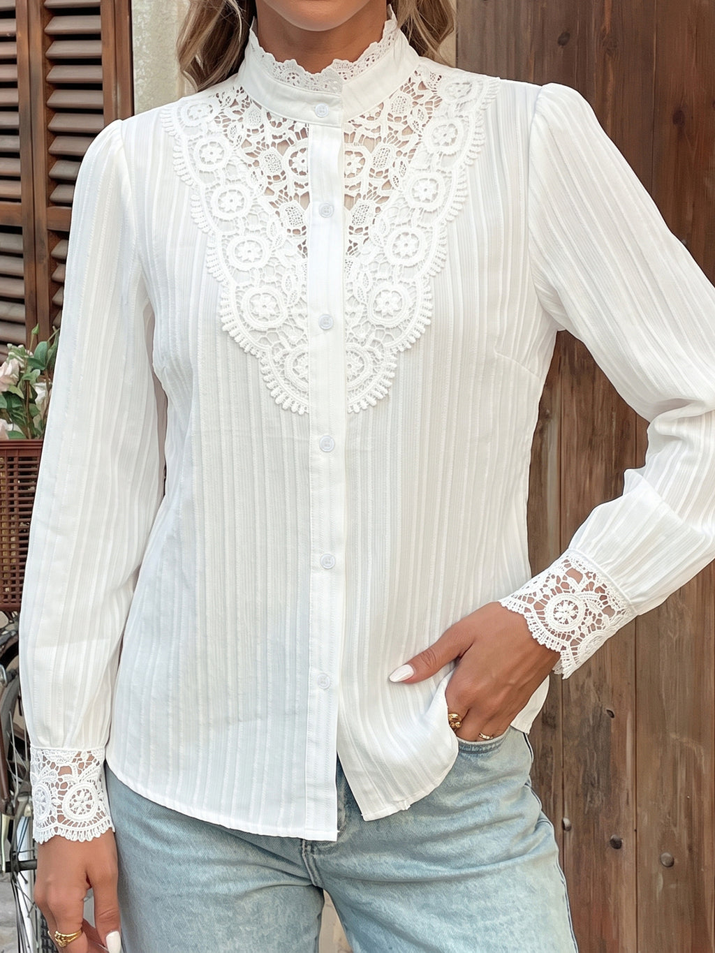 Crochet Lace Yoke Mock Neck Button Front Blouse - White