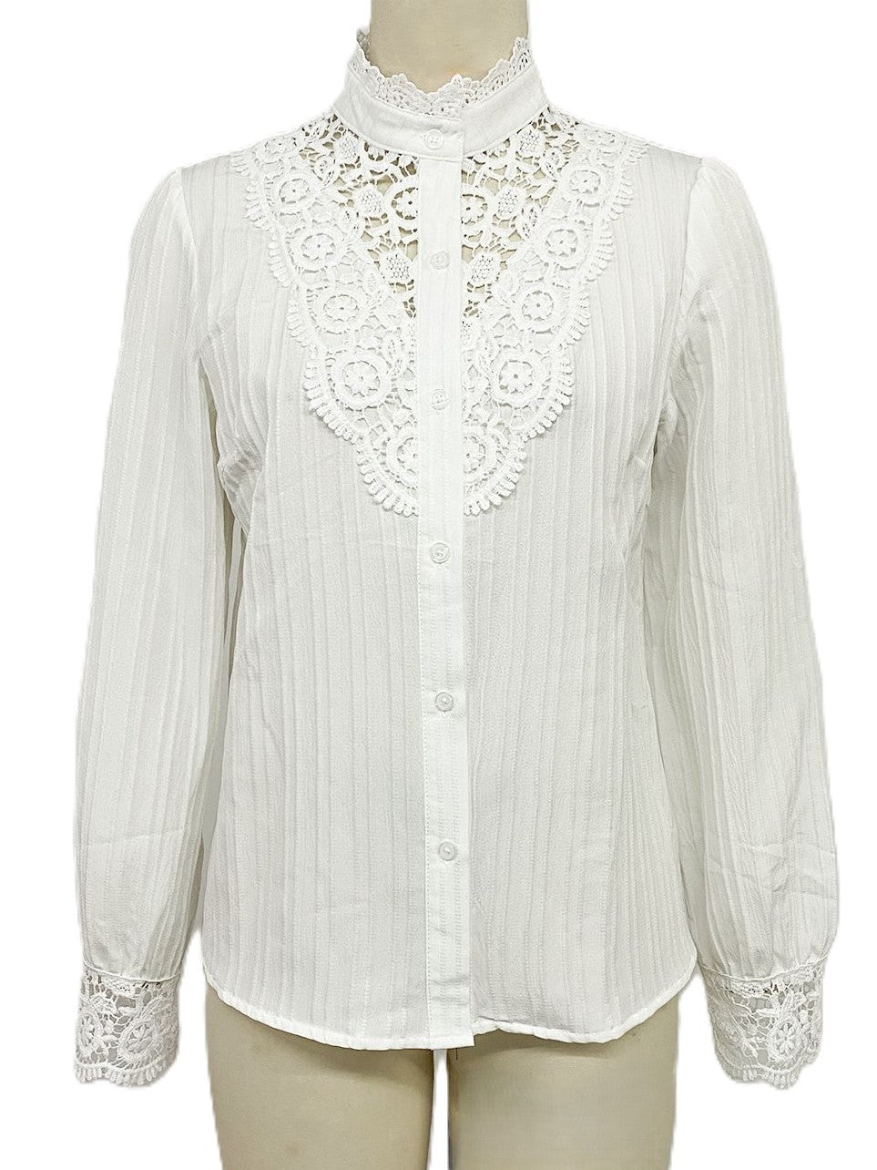 Crochet Lace Yoke Mock Neck Button Front Blouse - White - 2