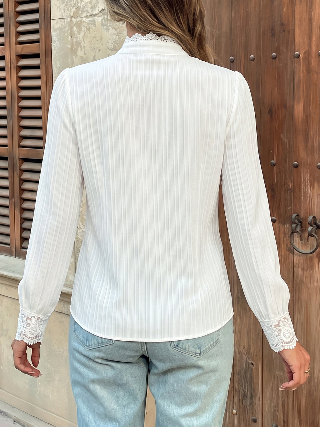 Crochet Lace Yoke Mock Neck Button Front Blouse - White - 5