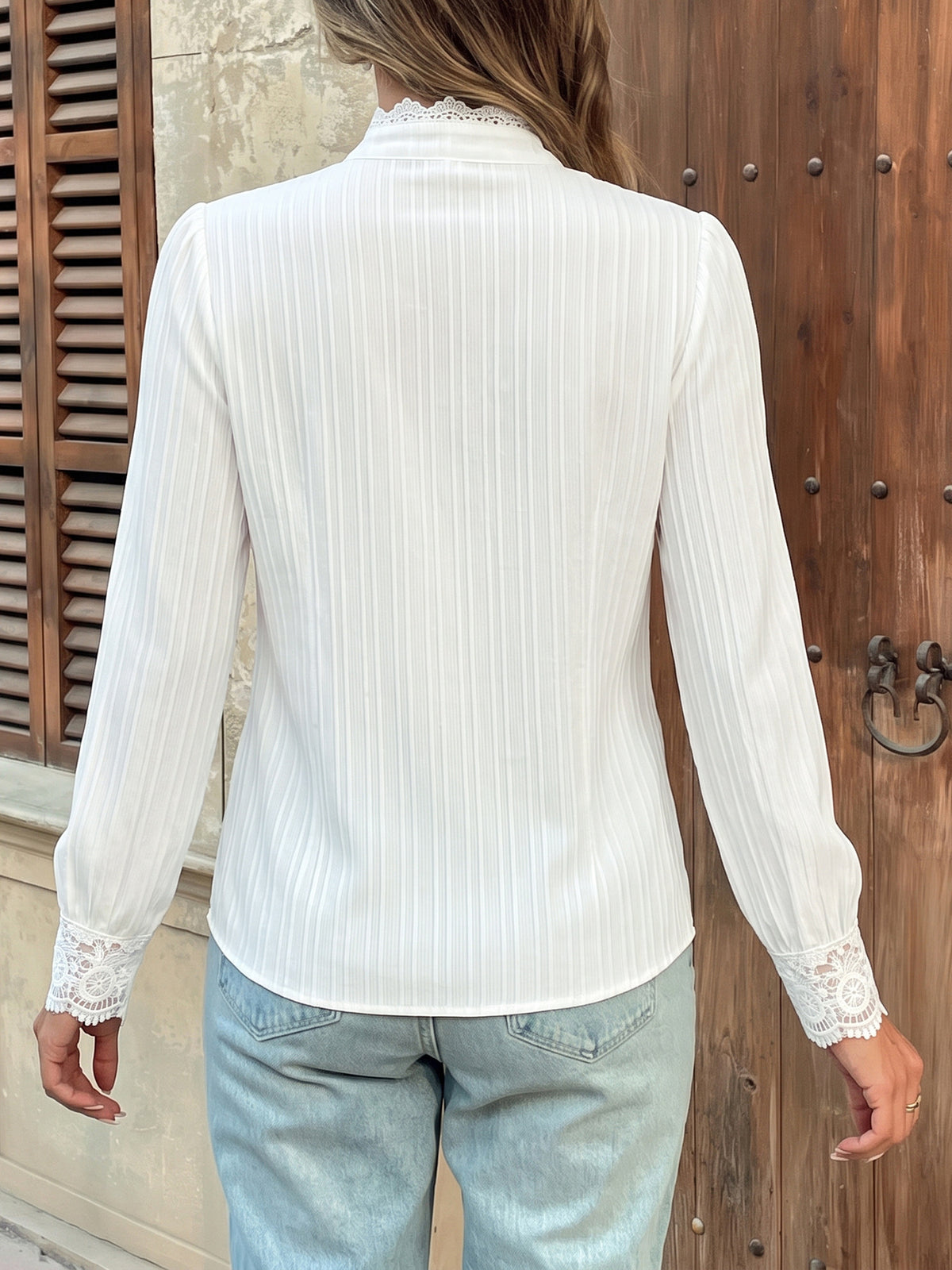 Crochet Lace Yoke Mock Neck Button Front Blouse - White - 5