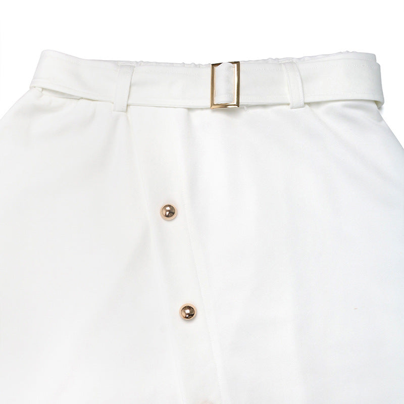 Lace Hem Belted Button Midi Skirt - White - 2