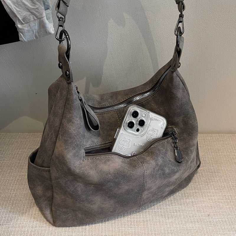 Distressed Faux Leather Hobo Shoulder Bag