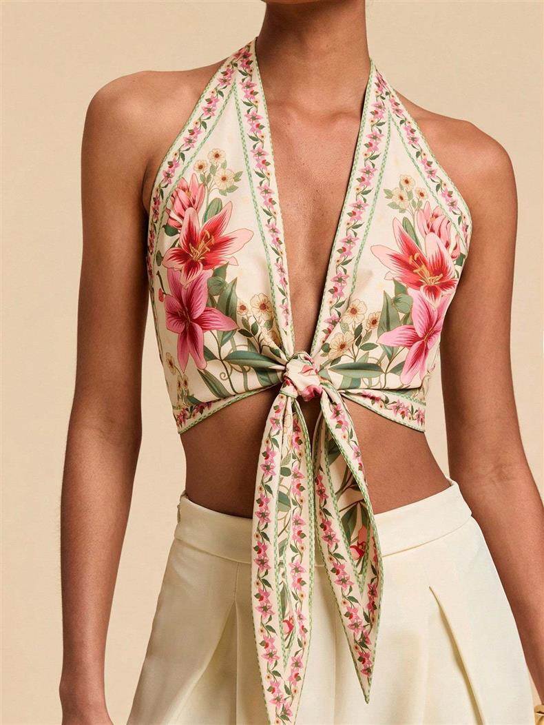Botanical Print Halter Tank With Front Tie - Floral