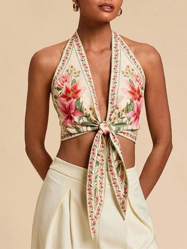 Botanical Print Halter Tank With Front Tie - Floral - 2