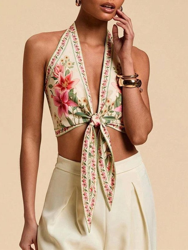 Botanical Print Halter Tank With Front Tie - Floral - 3