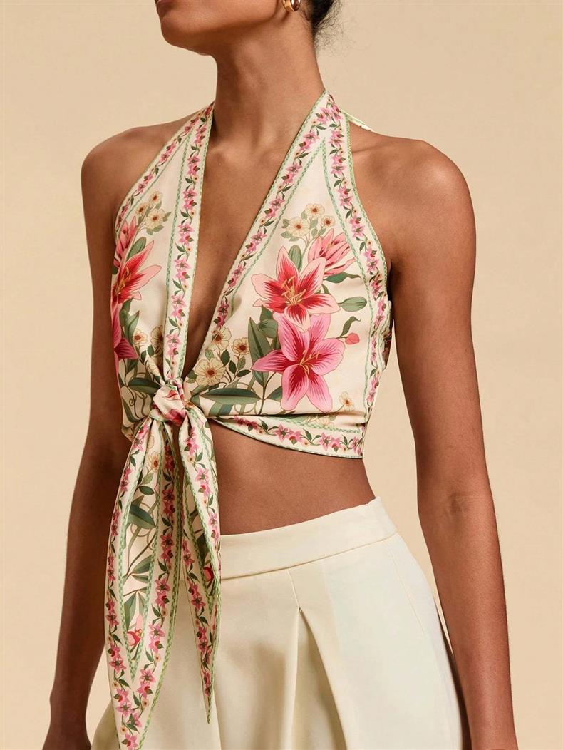 Botanical Print Halter Tank With Front Tie - Floral - 4
