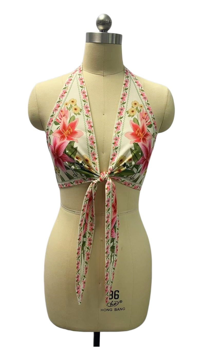 Botanical Print Halter Tank With Front Tie - Floral - 5