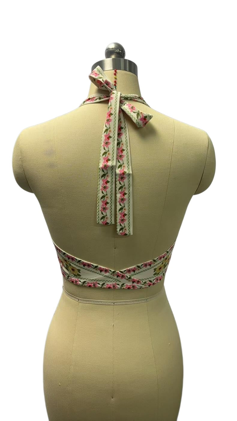 Botanical Print Halter Tank With Front Tie - Floral - 7
