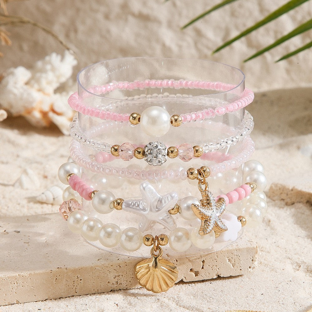 Seashell Charm Stackable Beaded Bracelet Set - C4