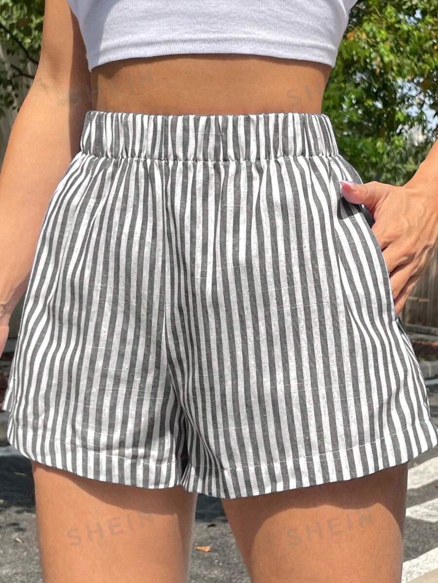 Wide Leg Striped Pull On Summer Shorts - Black
