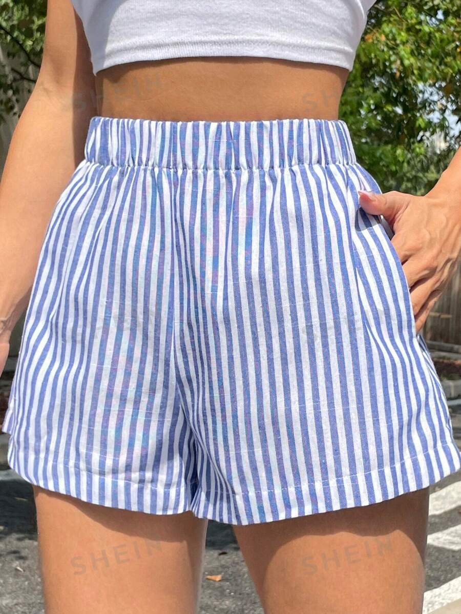 Wide Leg Striped Pull On Summer Shorts - Blue - 1