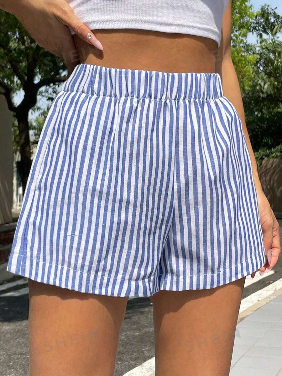 Wide Leg Striped Pull On Summer Shorts - Blue - 2