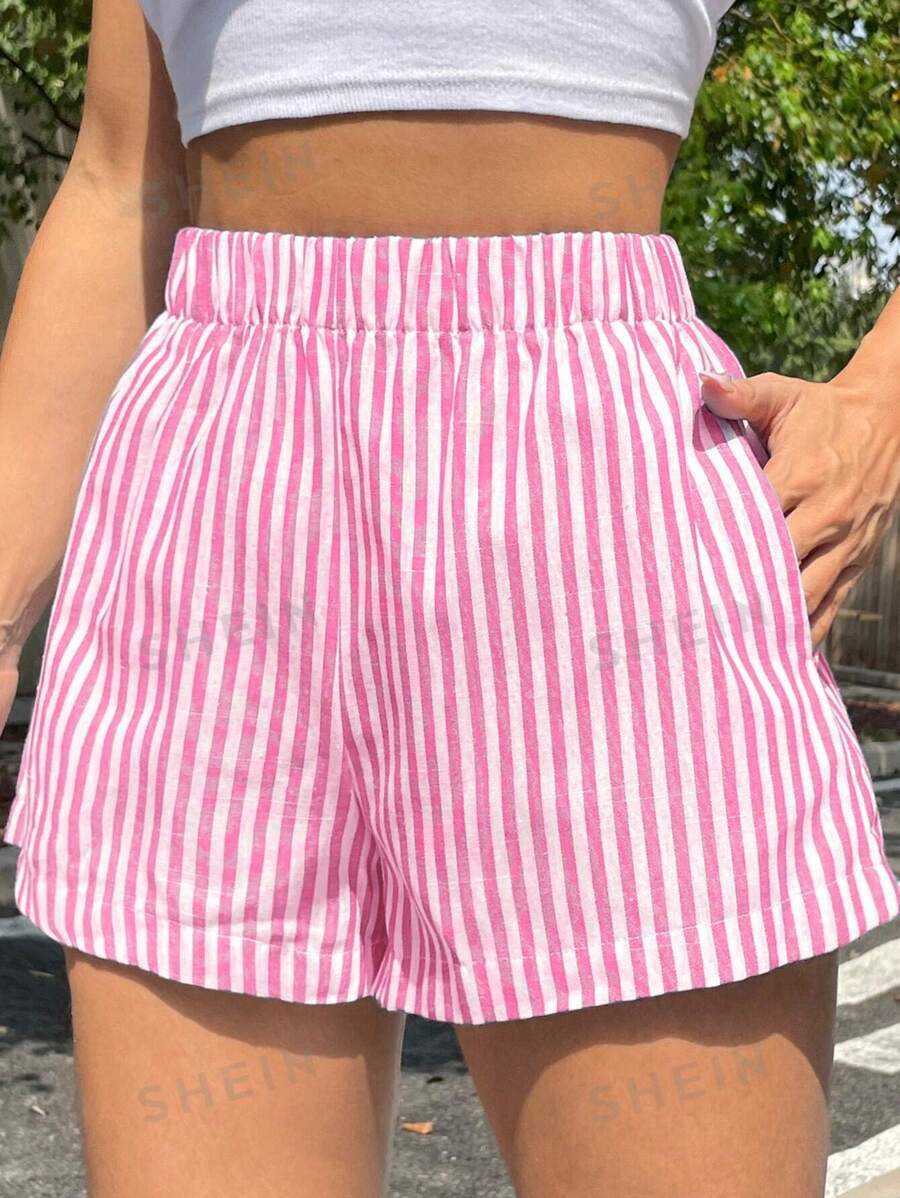 Wide Leg Striped Pull On Summer Shorts - Pink
