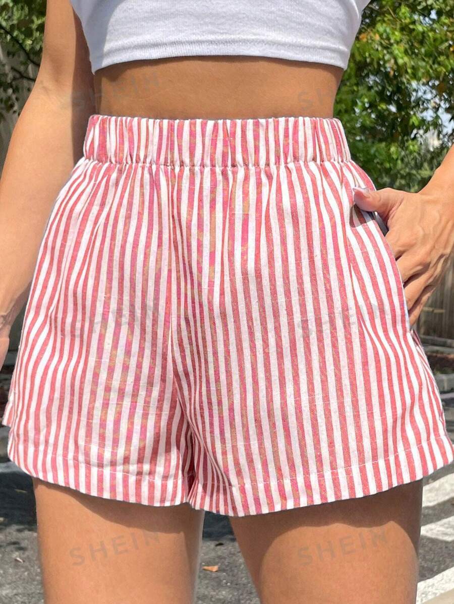 Wide Leg Striped Pull On Summer Shorts - Red