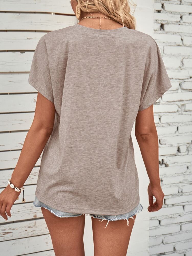 Heathered Henley Button Dolman Sleeve Tee - Khaki - 2