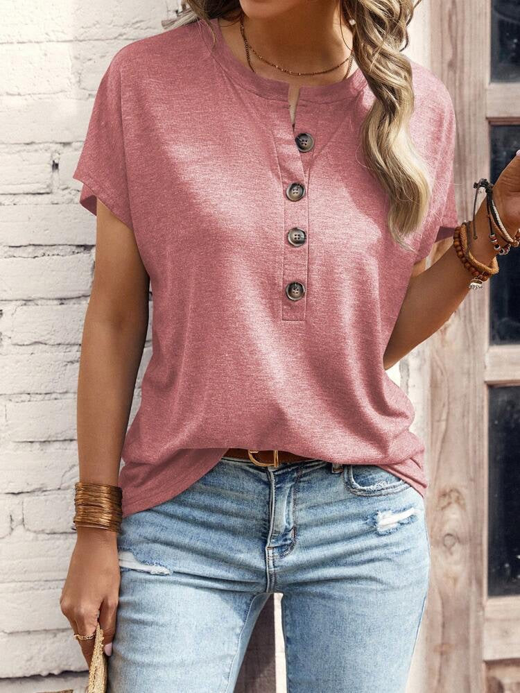 Heathered Henley Button Dolman Sleeve Tee - Pink - 1