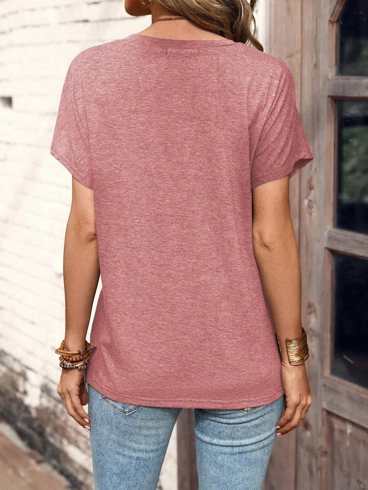 Heathered Henley Button Dolman Sleeve Tee - Pink - 2