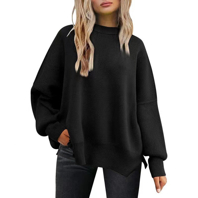 Oversized Mock Neck Split Hem Tunic Sweater - Black