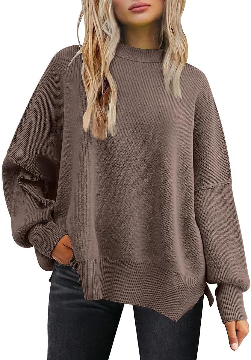 Oversized Mock Neck Split Hem Tunic Sweater - Brown