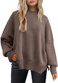 Oversized Mock Neck Split Hem Tunic Sweater - Brown