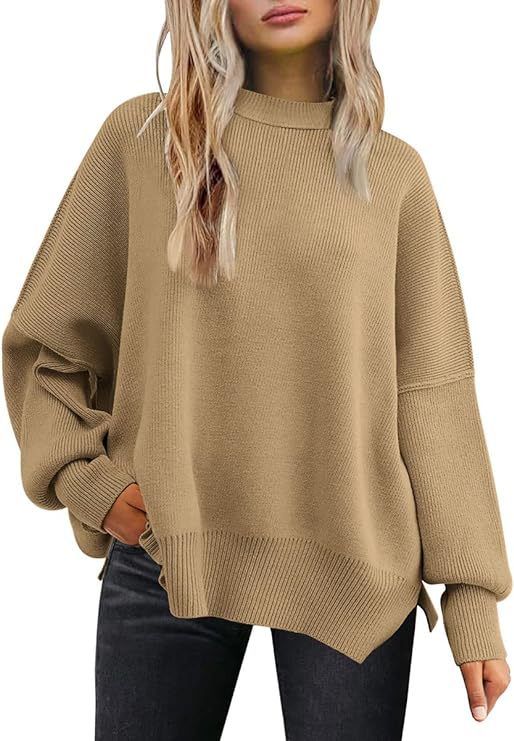 Oversized Mock Neck Split Hem Tunic Sweater - Camel