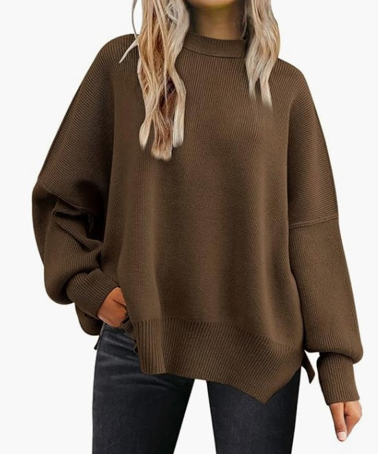 Oversized Mock Neck Split Hem Tunic Sweater - Coffee