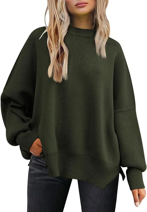 Oversized Mock Neck Split Hem Tunic Sweater - Forest