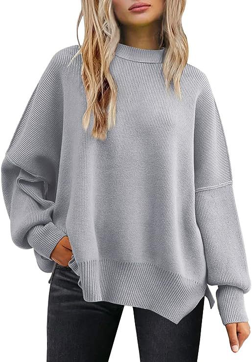 Oversized Mock Neck Split Hem Tunic Sweater - Grey