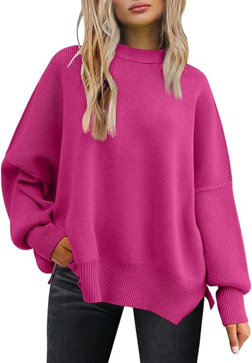 Oversized Mock Neck Split Hem Tunic Sweater - RoseRed