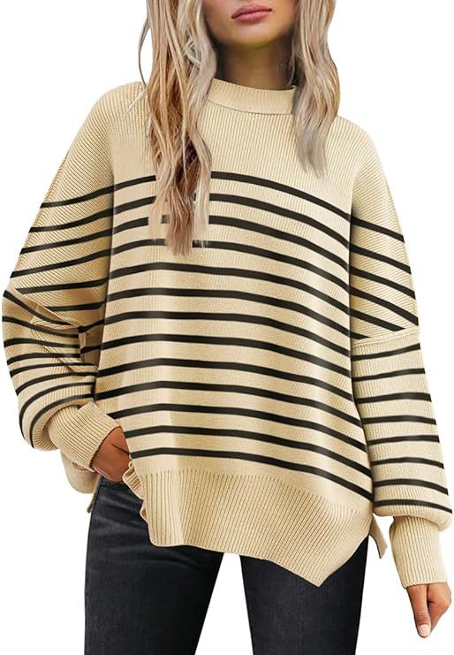 Oversized Mock Neck Split Hem Tunic Sweater - StripeA