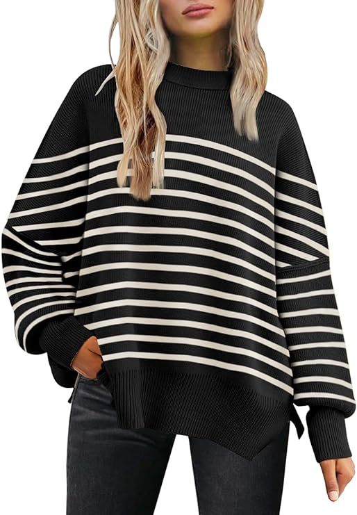 Oversized Mock Neck Split Hem Tunic Sweater - StripeB