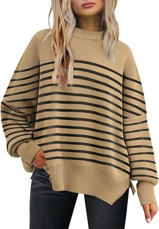 Oversized Mock Neck Split Hem Tunic Sweater - StripeK