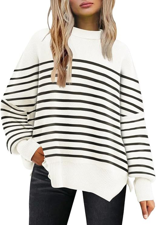 Oversized Mock Neck Split Hem Tunic Sweater - StripeW