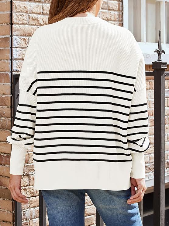 Oversized Mock Neck Split Hem Tunic Sweater - StripeW - 2