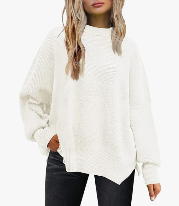 Oversized Mock Neck Split Hem Tunic Sweater - White