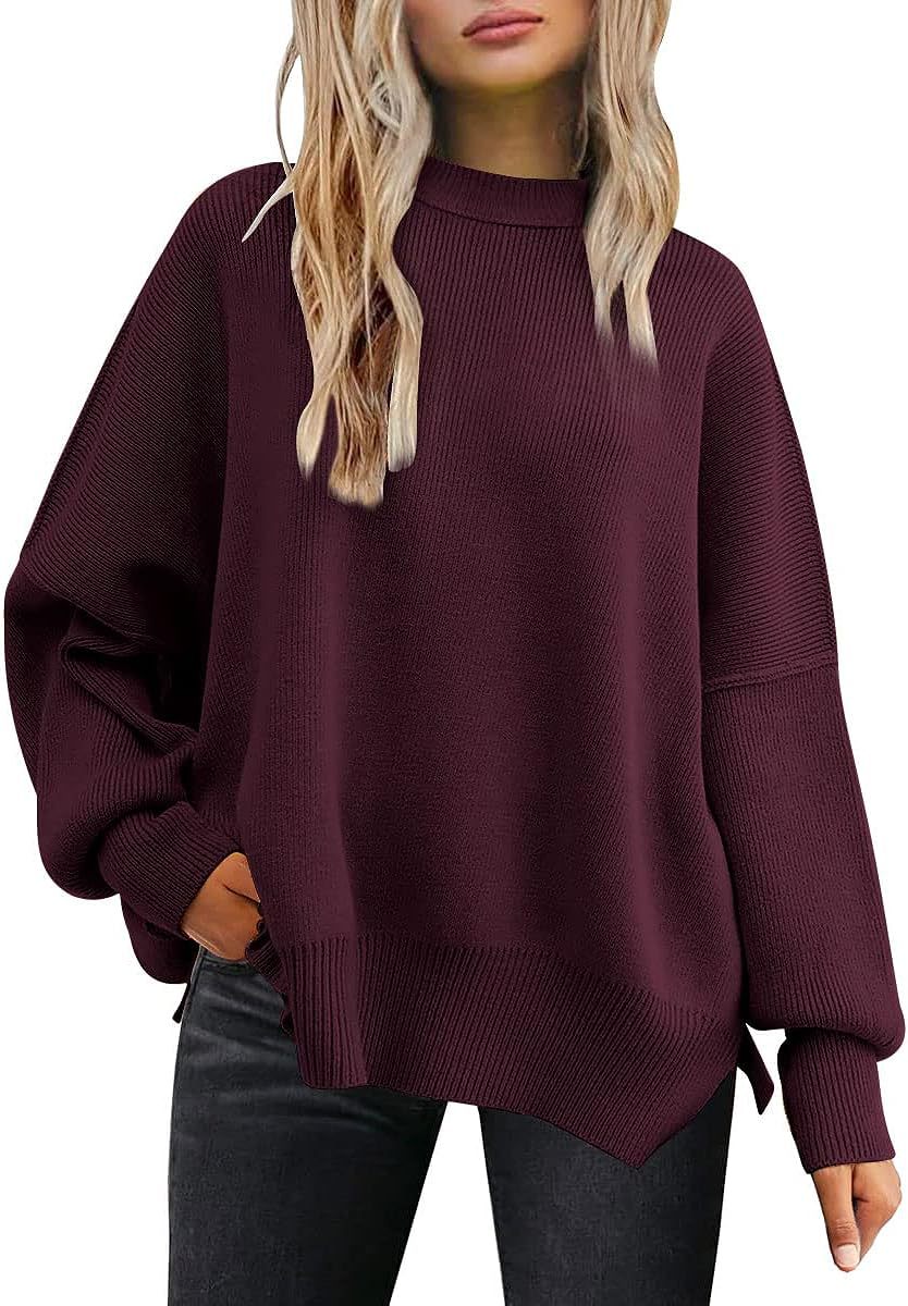 Oversized Mock Neck Split Hem Tunic Sweater - WineRed