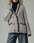 Chunky Rib Cardigan With Blanket Stitch Trim - Khaki