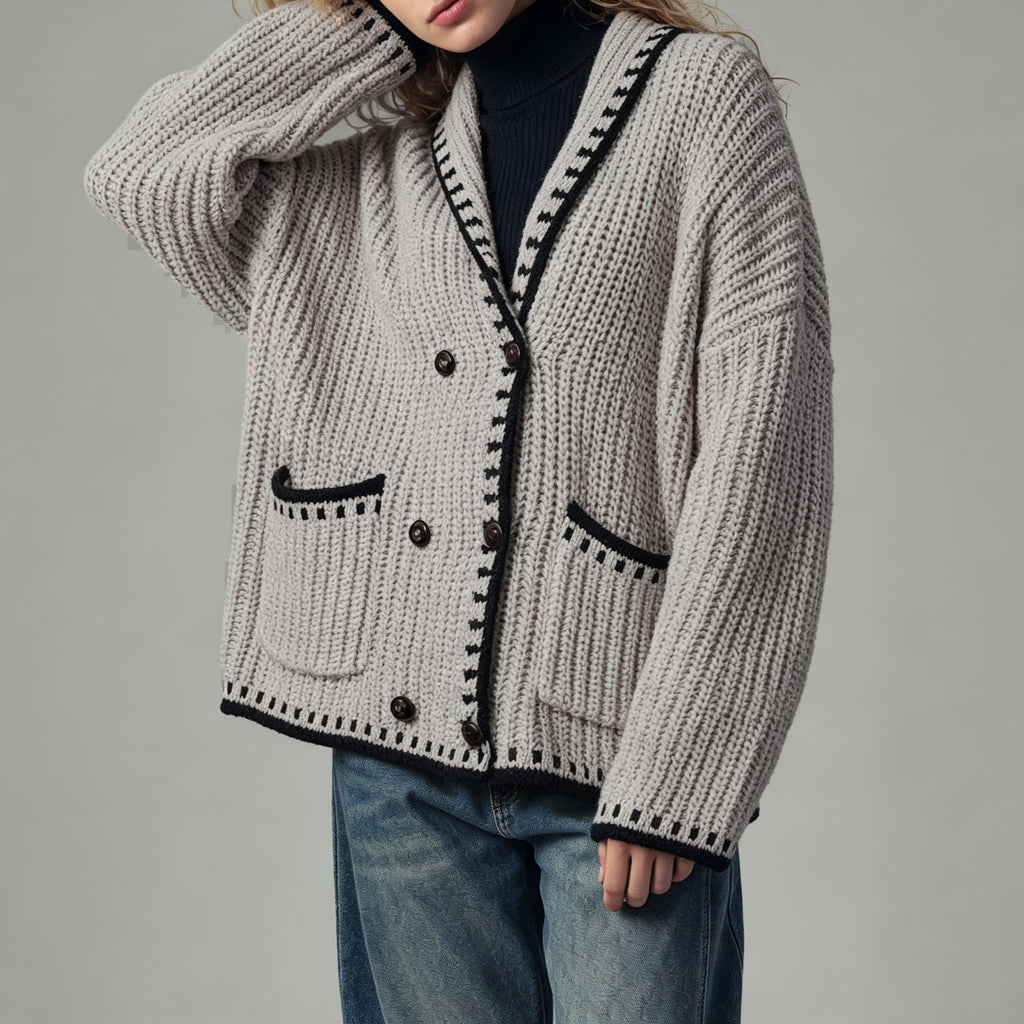 Chunky Rib Cardigan With Blanket Stitch Trim - Khaki - 1