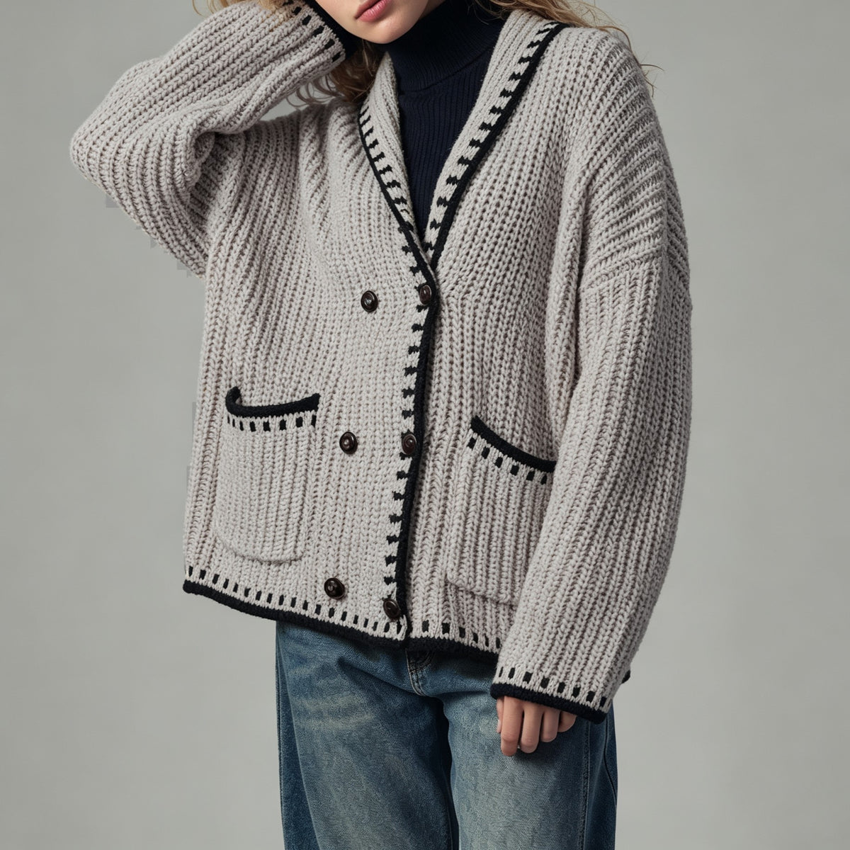 Chunky Rib Cardigan With Blanket Stitch Trim - Khaki - 1