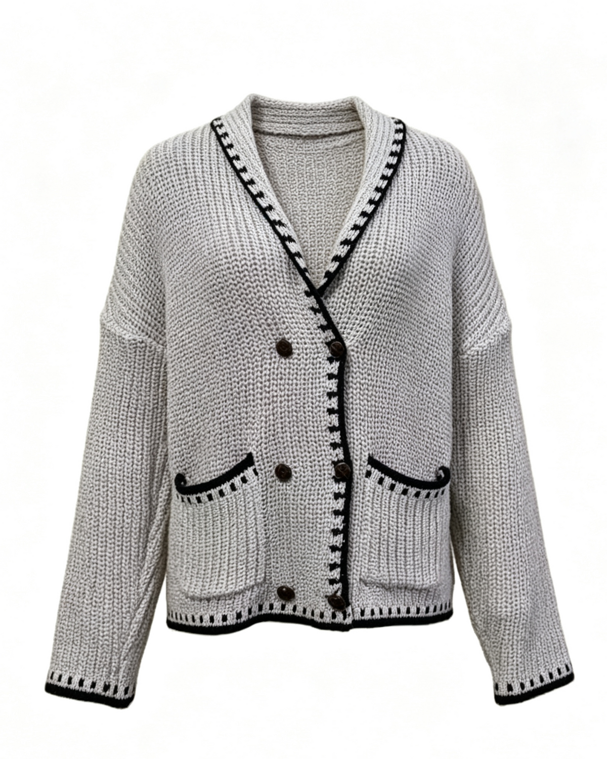 Chunky Rib Cardigan With Blanket Stitch Trim - Khaki - 3