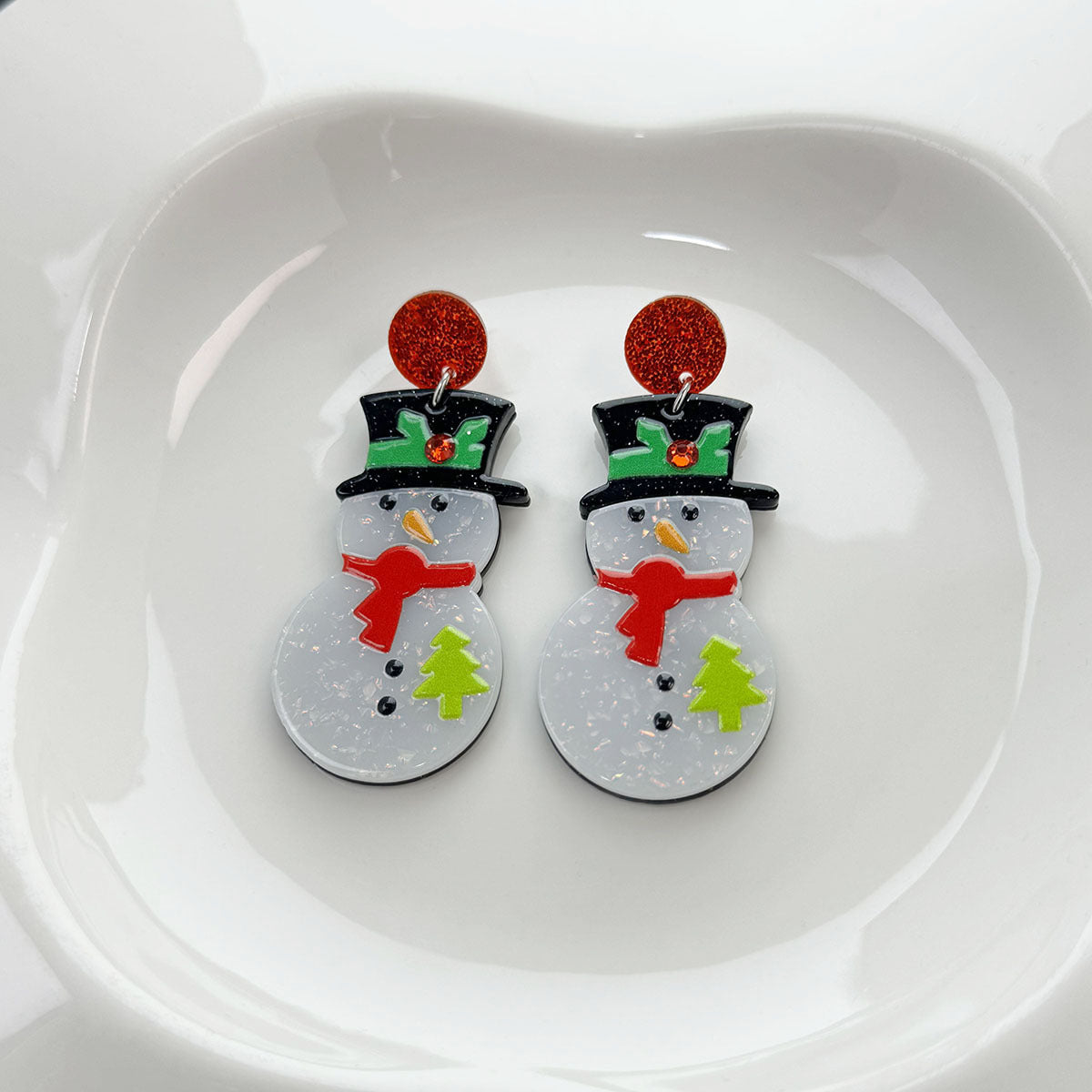 Cheerful Snowman Acrylic Drop Earrings - White - 3