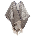 Vintage Rose Jacquard Fringed Cape Wrap - Grey