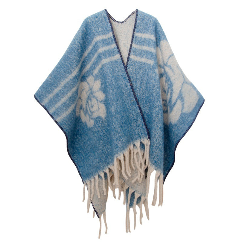 Vintage Rose Jacquard Fringed Cape Wrap - LakeBlue