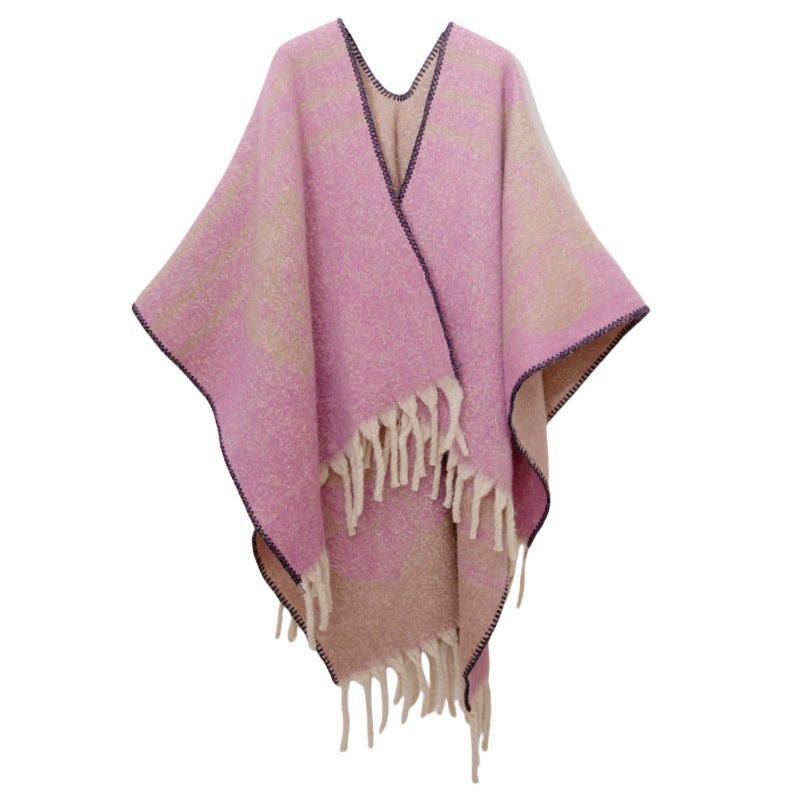 Vintage Rose Jacquard Fringed Cape Wrap - Purple