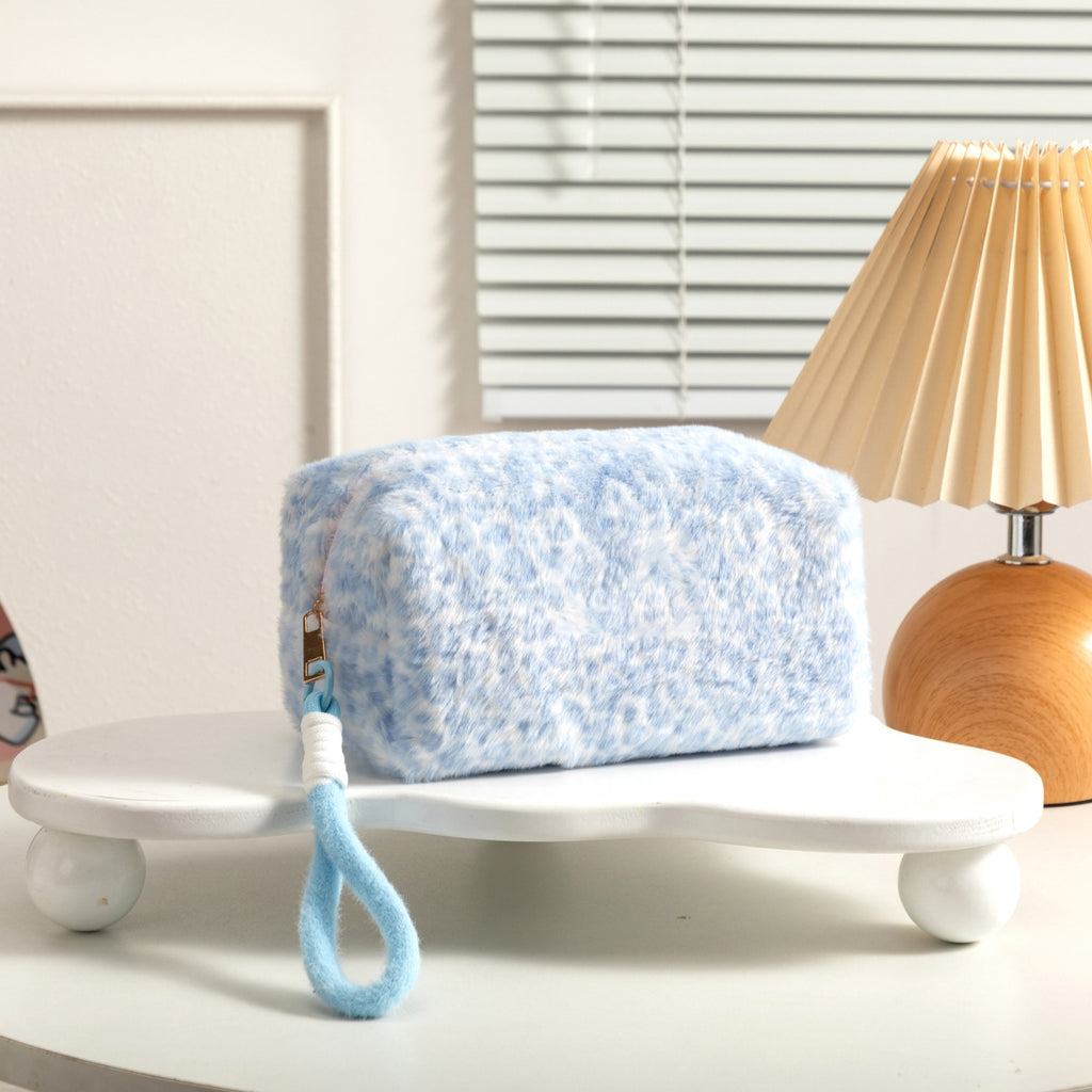 Furry Animal Print Wristlet Makeup Case - Blue